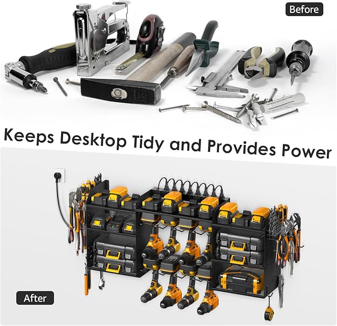 CCCEI Black Large Tools Organizer Wall Mount Charging Station, 39 Inch Long Power Tool Battery Storage Rack with 6FT Power Strip. 8 Drill Holder, Garage Utility Shelves. Pegboard Hanging Extension.