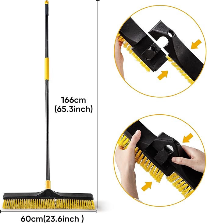 Yocada 24 inch Push Broom Brush Stiff Bristles Heavy-Duty Outdoor Commercial for Cleaning Bathroom Kitchen Patio Garage Deck Concrete Wood Stone Tile Floor 65.3inch Long Handle 2PCS