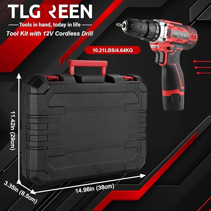 TLGREEN 138 Pcs Tool Set with 12V Cordless Drill –Power Hand Tool Kit with Magnetic Drill Bit Set, 2-Speed Control & Fast Charging,Home Tool Kit for DIY, Repairs,Lightweight Toolbox for Men & Women
