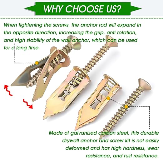 200Pcs Self-Drilling Drywall Anchors, 100Pcs Wall Anchors and 100 Pcs Cross Head Screws, Drywall Anchors and Screw kit, Heavy-Duty Metal Wall Anchors, No Drilling Required, Easy to Use