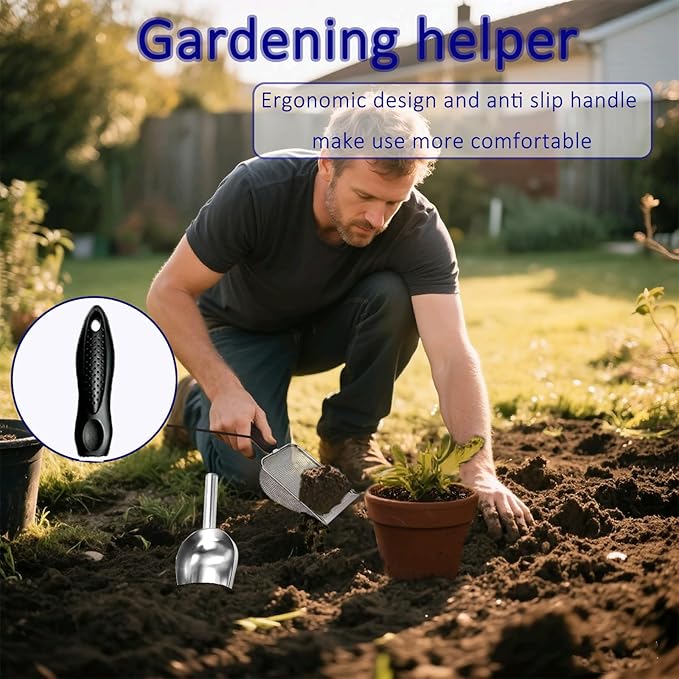 3 Pcs Soil Sifter for Gardening with Garden Shovel, (2.8/5 MM Mesh) Soil Sieve and Scoop for Screening Rock, Dirt, Compost and Gravel, 304 Stainless Steel: Rust-Resistant, Suitable for Beaches & Pets