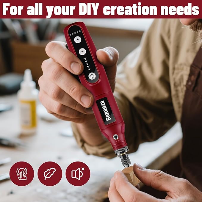 GONANZA Mini Cordless Rotary Tool Kit - 5-Speed, 3.7V Power Supply with LED Light 62 Accessories for Engraving, Sanding, Polishing, Type-C Rechargeable Perfect for DIY Crafts and Precision Work(Red)
