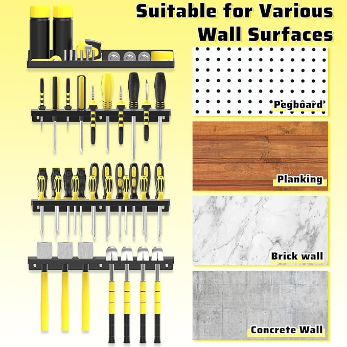 Wall Mount Screwdriver Organizer, Pliers Holder, Hammer Rack, Metal Storage Board, Power Tool Organizer for Workshop Shed Garage Workbench Home, 4 Pcs