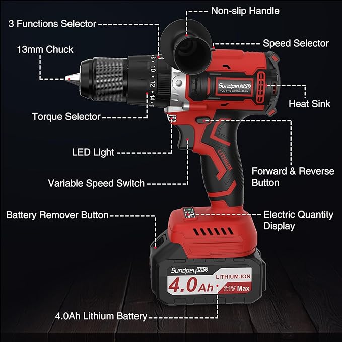 1060In·lbs Cordless Drill Driver - 20+3 Torque Brushless Hammer Drill with 2 x 4.0Ah Battery & Fast Charger - 21V Electric Power Drills Set with 2 Speeds & 1/2 Inch Self-locking Metal Chuck