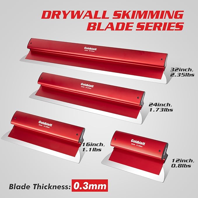 Goldblatt 12 Inch Drywall Skimming Blade, 0.3mm Stainless Steel Blade, Aluminum Body - Rigid Lightweight Drywall Knife with End Caps, Ergonomic Grip, for Mud, Repair Plaster Wall