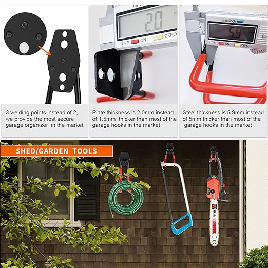 3-H Garage Wall Hooks 10 Pack, Heavy Duty Garage Hooks with Extra Welding Spots, Wall Mount Storage Organizer for Hanging Garden Lawn Tools, Chair, Shovel, Blower, Toolkit (Red)