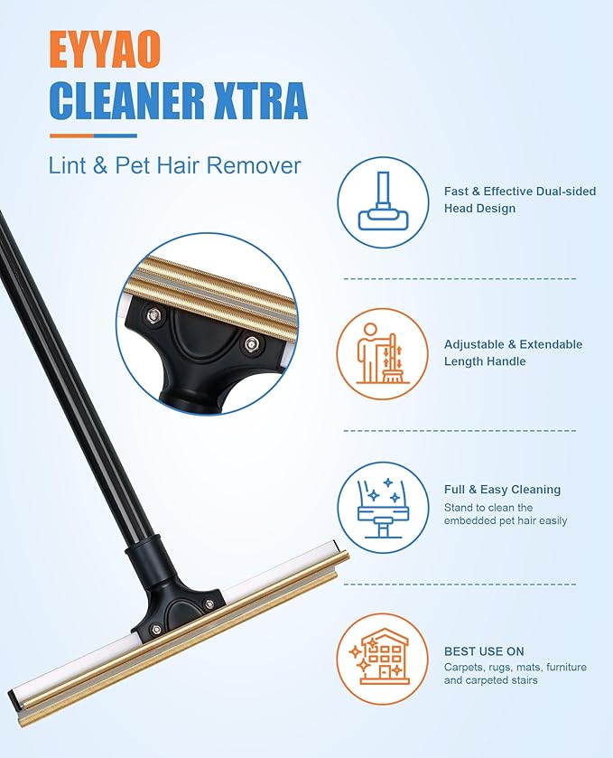 Carpet Rake for Pet Hair Removal, Reusable Dog Hair Remover with 47" Handle, Pet Hair Removal Tool with Innovative Metal Edge Design for Carpets, Rugs, Stairs, Pet Tower & Hard-to-Reach Places