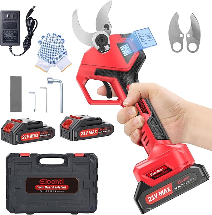 Electric Pruning Shears Cordless, Upgraded LCD Display, 2×21V 2000mAh Batteries, SK5 Alloy Blades, 40-50mm Cutting Diameter, Powerful Brushless Motor – Battery Pruner for Garden, Orchard & Fruit Trees