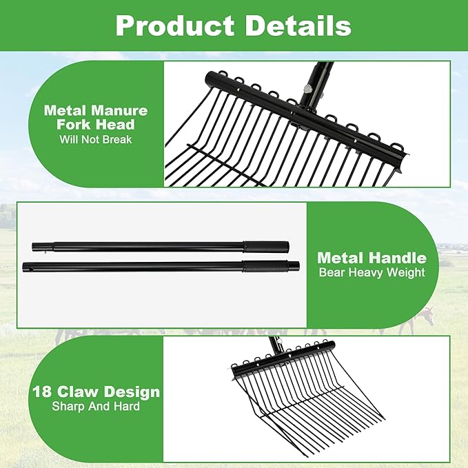 lukar 2 Sets Metal Manure Fork with Long Metal Handle, 18 Tines Manure Fork Head Horse Manure Rake, Heavy Duty Gardening Muck Rake for Picking Up Manure, Grass and Hay