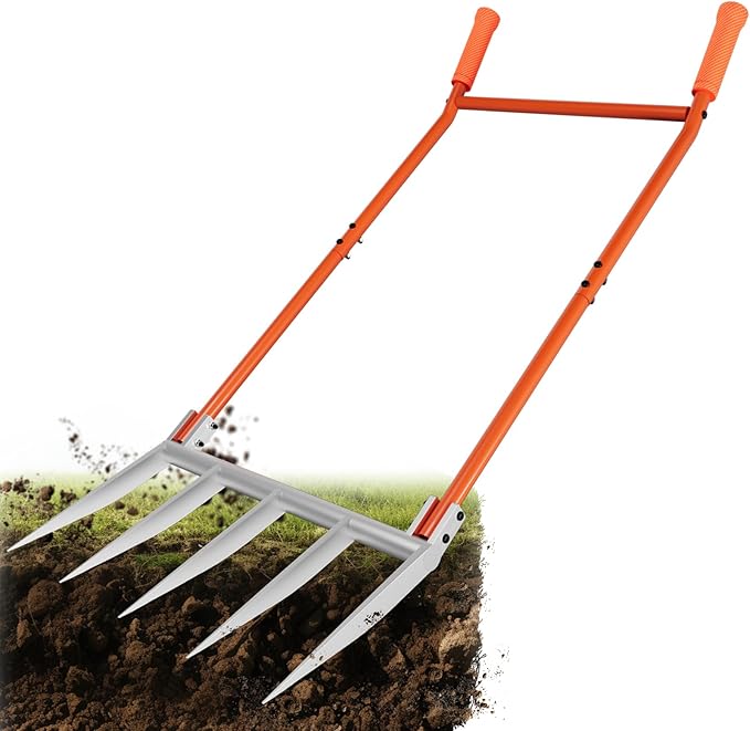 5-Tine Broadfork, 50" Broad Fork Garden Tool Heavy Duty Digging Pitch Fork with H-Shaped Design for Gardening, Farm Cultivating, Loosening Soil