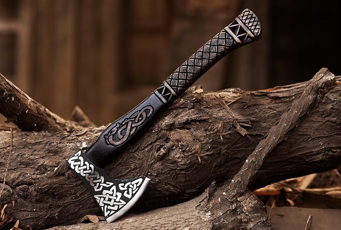 19" Viking Axe with Leather Sheath | Hand-Forged Carbon Steel Engraved Bearded Axe for Camping, Bushcraft, Gifts for Men (Black)