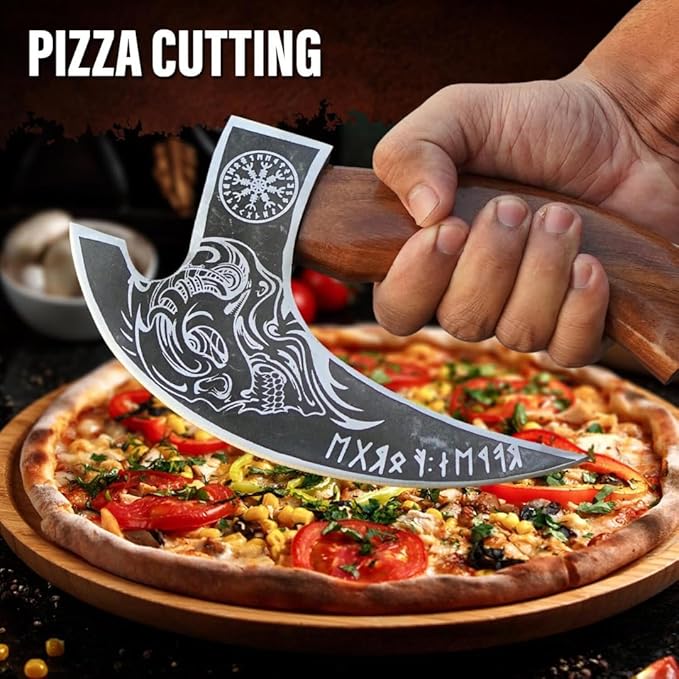 Multipurpose Viking Pizza Axe with Sheath, Viking Butcher Axes, Cutter - Burned Wood Handle & Heavy Duty Skull Head - Perfect for Cutting Pizza, Meat, Vegetables(Skull)