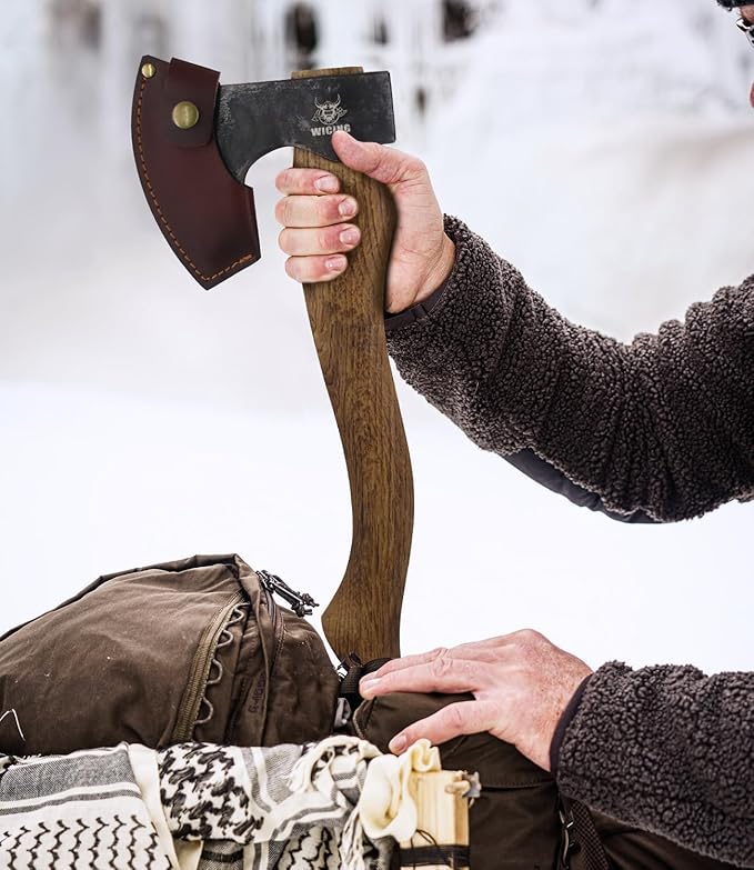 Camping Hatchet - 15.2 inches Chopping Axe for Wood Splitting and Kindling, 1065 High Manganese Steel and Beech Wooden Handle, with Leather Sheath
