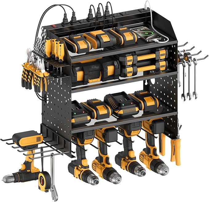 CCCEI Modular Power Tools Organizer with USB Charging Station, 4 Layer Drills and Battery Storage Wall Mount, Garage Shop Organization, Anniversary, Birthday, Gifts for Men, Father, 6FT Cord, Black.