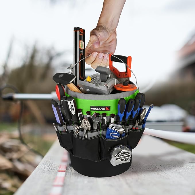 IRONLAND Bucket Tool Organizer Fit 3.5-5 Gallon Bucket, 51 Pockets, Bucket Tool Caddy Organization for Garden, Construction, Carpenter, Electrician, Builder Green & Black