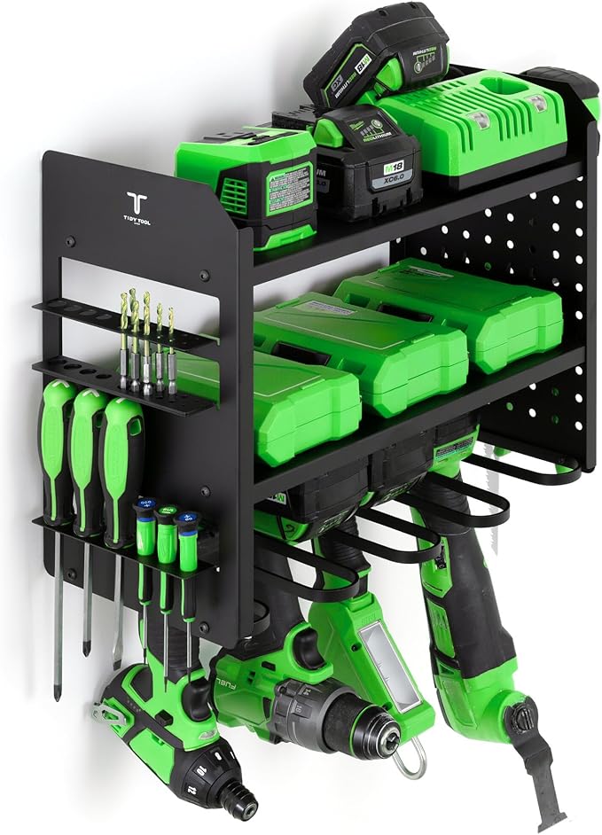 Power Tool Organizer - Wall Mount Storage for Garage Organizes 4 Cordless Drills & Tools - Heavy Duty Rack w Pegboard Sides Shelves & Hooks - Neatly Holds Screwdrivers & Drill Bits BLACK/BLACK