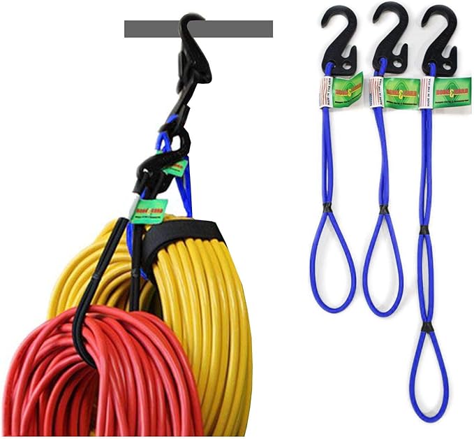Hook & Hang Bungee Cords - Storage & Organization Cords - Hang Hoses, Cords, Ladders, Bikes, Tools & More. an Incredible Organizer! (3 PK, Blue)