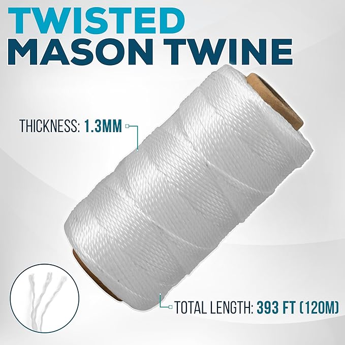 White Mason Line String – 393ft, 1.3mm Thick Twisted Polypropylene – Durable Construction Twine for Laying Bricks, Blocks, Fences in Gardening, DIY & Landscaping Projects