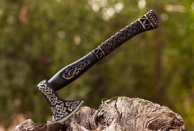 19" Viking Axe with Leather Sheath | Hand-Forged Carbon Steel Engraved Bearded Axe for Camping, Bushcraft, Gifts for Men (Black)