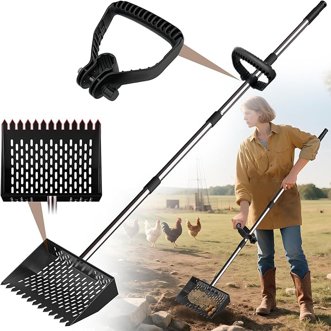 Metal Chicken Poop Scooper & Rake Scoop 10" Metal Chicken Coop Rake with Assistanted Handle Grip Heavy Duty Scoop Tool Adjustable Long Handle (36 to 62") for Coops Farm Animals