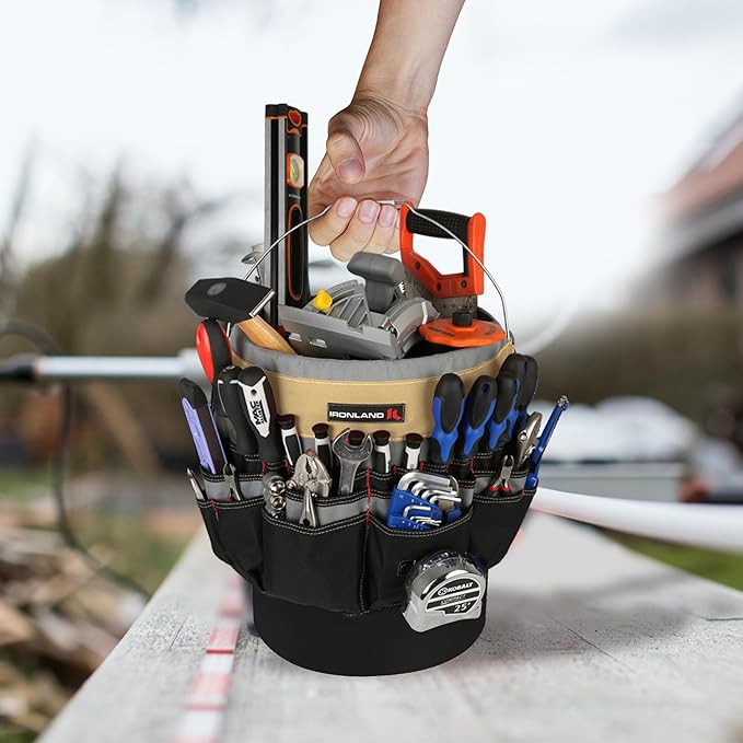 IRONLAND Bucket Tool Organizer Fit 3.5-5 Gallon Bucket, 51 Pockets, Bucket Tool Caddy Organization for Garden, Construction, Carpenter, Electrician, Builder KAH & Black