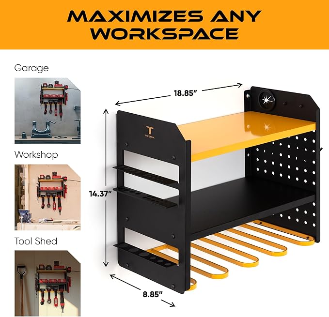 Power Tool Organizer - Wall Mount Storage for Garage Organizes 4 Cordless Drills & Tools - Easy Assembly Heavy Duty Rack has Pegboard Sides Shelves & Hooks - Neatly Holds Screwdrivers & Drill Bits