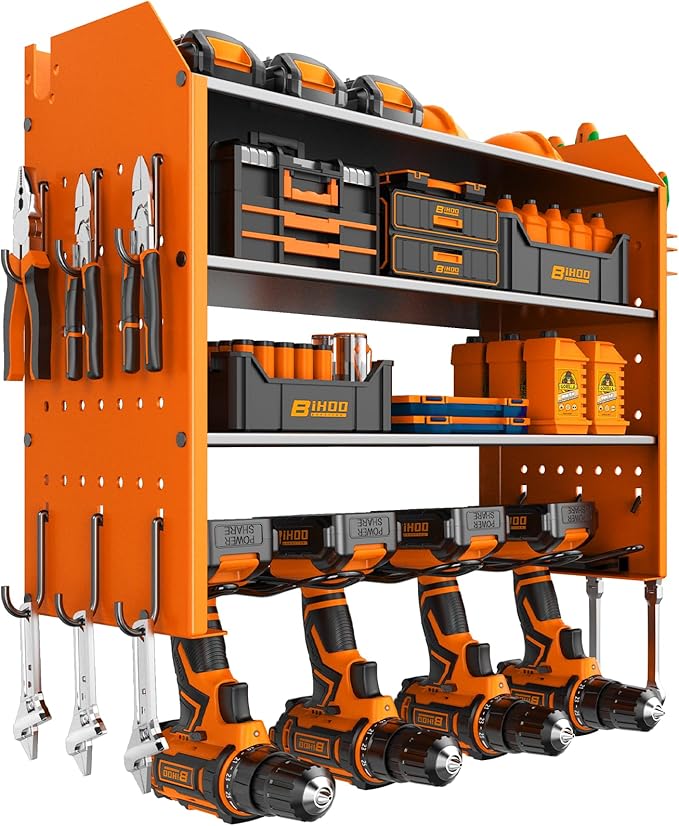 Power Tool Organizer Wall Mount, 4 Tier Tool Organizer For Space Saving,Used For Electric Drills, Saws And Toolbox Parts, Wall Hooks