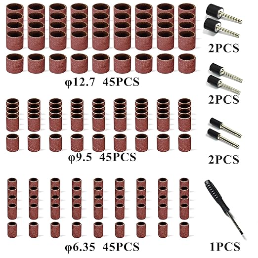 Asieg Tool Sanding Drum Kit 142Pcs 240Grit, 1/2" & 3/8" & 1/4" Diameter Drum Sanding Band with 3.17mm Shank Mandrels for Drill Dremel Rotary Tools Nails Drill