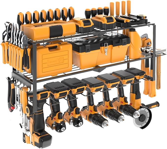 Large Power Tool Organizer Wall Mount, Power Tool Shelf System Battery Storage with 8 Cordless Drill Holder,3 Layers Heavy Duty Metal Loads 450lbs,Utility Racks for Garage Workshop