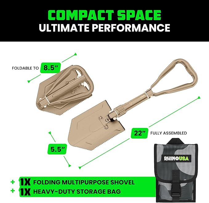 RHINO USA Folding Survival Shovel w/Pick - Heavy Duty Carbon Steel Military Style Entrenching Tool for Off Road, Camping, Gardening, Beach, Digging Dirt, Sand, Mud & Snow - Tan