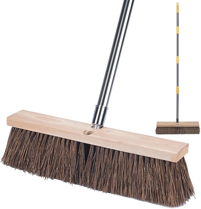 18" Push Broom Outdoor Heavy Duty - 65" Long Handle Large Wide Shop Broom, Commercial Stiff Palmyra Bristle Outside Broom Brush for Sweeping Concrete Floor, Garage, Patio, Shop, Yard, Lawn