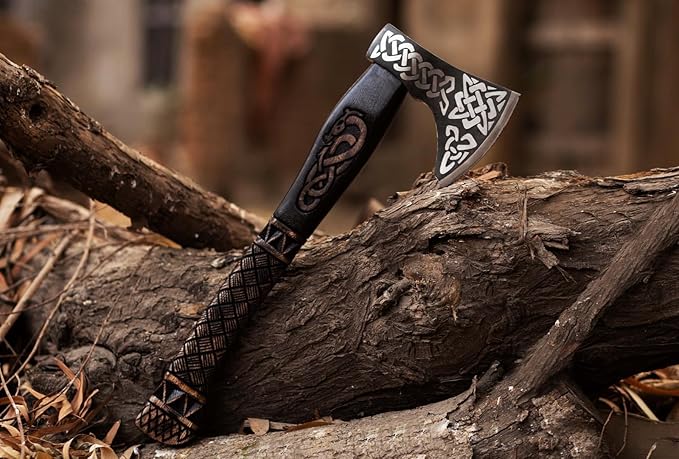 19" Viking Axe with Leather Sheath | Hand-Forged Carbon Steel Engraved Bearded Axe for Camping, Bushcraft, Gifts for Men (Black)