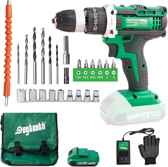 DOGTOOTH 21V MAX Cordless Battery Powered Drill Driver, 1* Battery and Charger, 2 Variable Speed, Build-in LED Lights, 23 Bits Storage Kit - Green