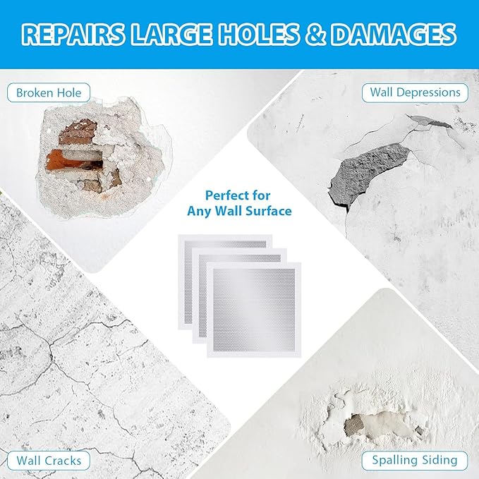 4-Pack 10x10 Inch Drywall Repair Patch Kit, Self-Adhesive Mesh with Aluminum Panels, Heavy-Duty Wall and Ceiling Hole Patch for Large Repairs