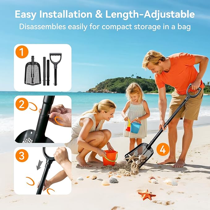 Sand Sifter Shovel, Aluminum Alloy Sifting Shovel with Holes, Adjustable Length Metal Mesh Sifter Scoop, Perfect for Finding Fleas or Shell/Chicken Coop/Gardening, Beach Combing Sieve Tools