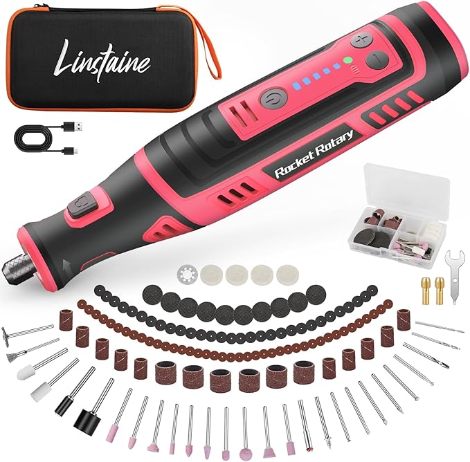 8V Cordless Rotary Tool Kit with 135pcs Accessories, 2.8Ah Battery Rechargeable Engraving Pen with LED Light, 5-Speed 30000RPM Power Rotary Tools for Drilling Grinding Sanding Polishing, Pink