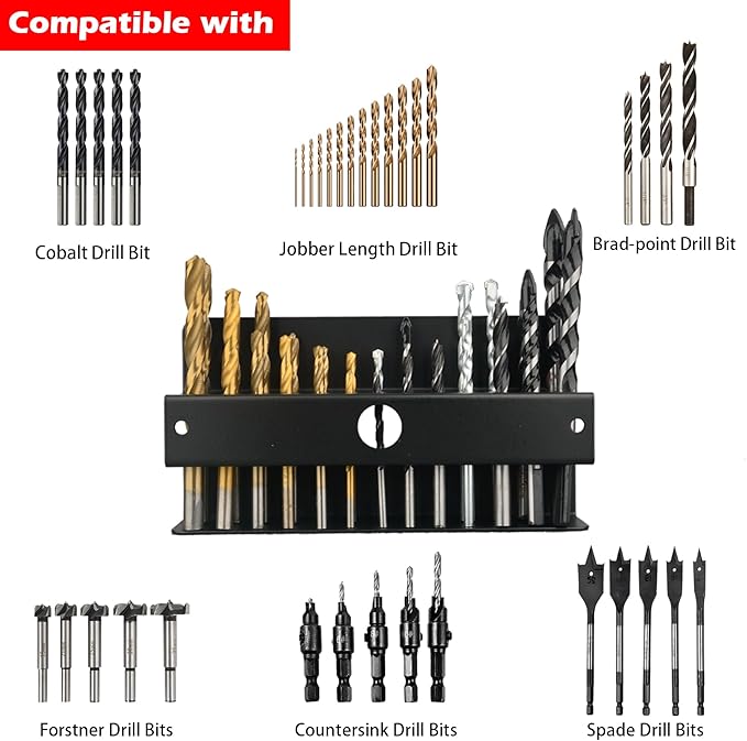 MUTUACTOR Magnetic Drill Bit Organizer,No Drilling Magnet Impact Drill Bit Storage,Anti-Slip Heavy Duty Magnetic Drill Bits Holder for Long Phillips Head Drill Bits,Black,26 Holes