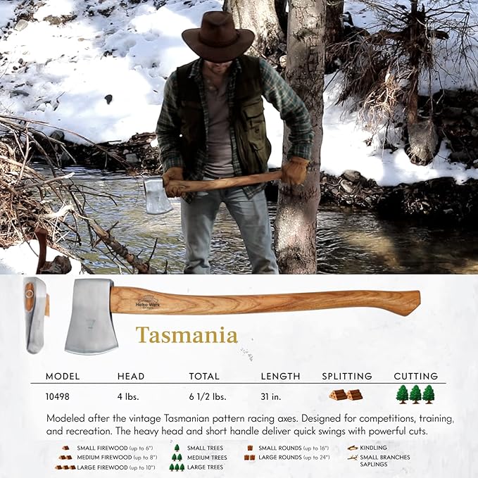 1844 Helko Werk Germany Classic Tasmania Competition Axe - Made in Germany Timber Sporting, Wood Chopping, Racing for Timber Sport - Head 4lbs, Handle 31in (Tasmania) #10498