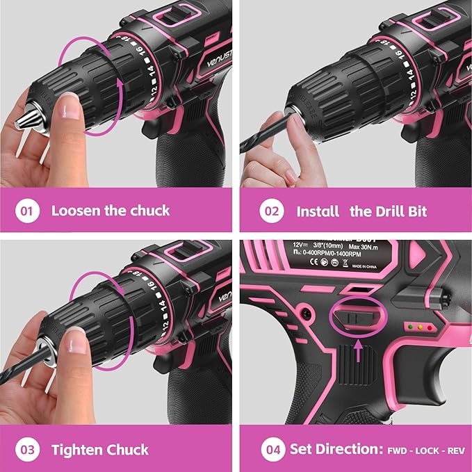 Cordless Drill Set, 12V Power Drill with 2.0Ah Battery and 2-Speed, 30Nm Torque, 25+1 Clutch Settings, 3/8" Keyless Chuck, Pink Electric Drills for Home DIY, Wood, Metal, Plastic Drilling