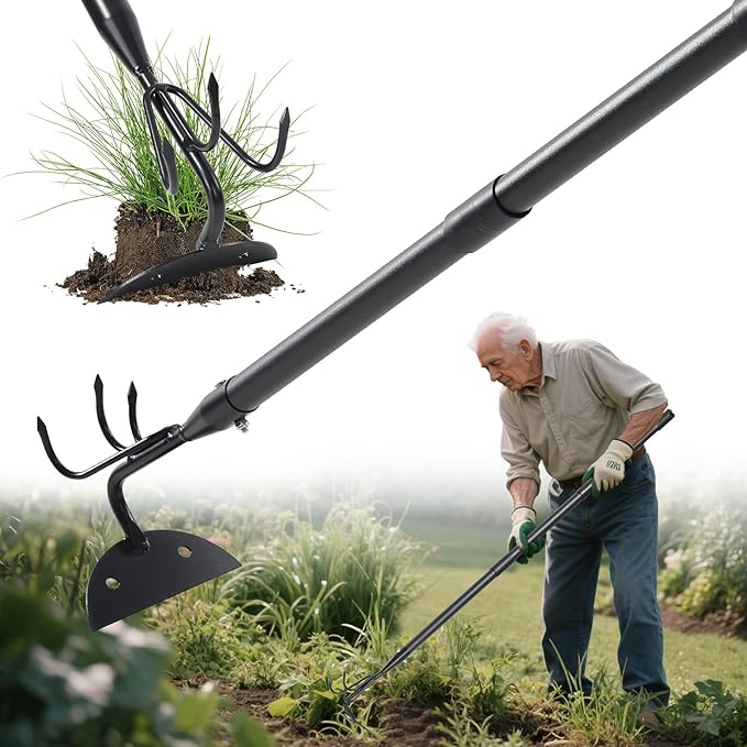 Garden Hoe 44 Inch Long Cultivator with Adjustable Long Handle - Heavy Duty Weeding & Soil Loosening Tool for Gardening, Lawn, and Yard Work