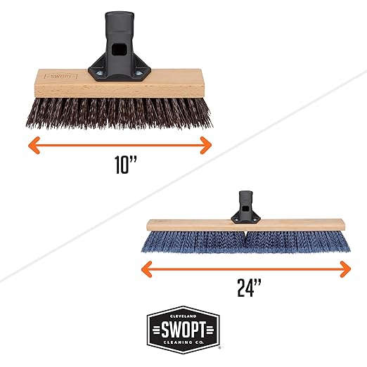 SWOPT 10" Rough Surface Deck Brush, 24" Multi-Surface Push Broom + 60" EVA Foam Comfort Grip Wooden Handle, Broom Kit Combo — 2 Cleaning Heads and Long Handle Interchangeable with SWOPT Cleaning Head