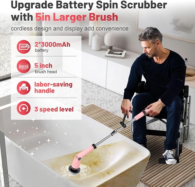 Pink Electric Spin Scrubber High Power 1200rpm, 6000 mAh Electric Scrubber for Cleaning Bathroom, Cordless Shower Scrubber Clean Brush, Floor Scrubber W/8 Brushes Tub Tile House Deep Cleaning