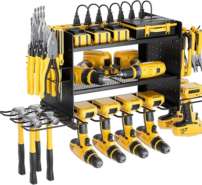 Power Tool Organizer Wall Mount, 3 Layer 8 Drill Holder Tool Shelf Storage Rack for Garage Organization, Birthday Gifts for Him Men Dad Husband Anniversary Fathers Day, Cool Gadget Stocking Stuffer