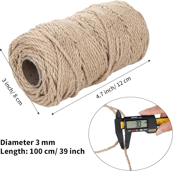 Natural Jute Rope 3mm x109 Yard 3 Strand, ZUEXT Handmade Jute Twine String,Burlap Hemp Rope for Artworks Gardening Bundling Camping DIY Crafting Knitting Plant Hanger Gift Wrapping Decor(100m)