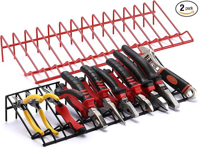 CASOMAN Plier Organizer Rack, 2 Pack, Pliers Cutters Organizer, Stores Spring Loaded, Black & Red, 29-Slot Plier Rack, Keep Pliers Organized in Tool Drawer