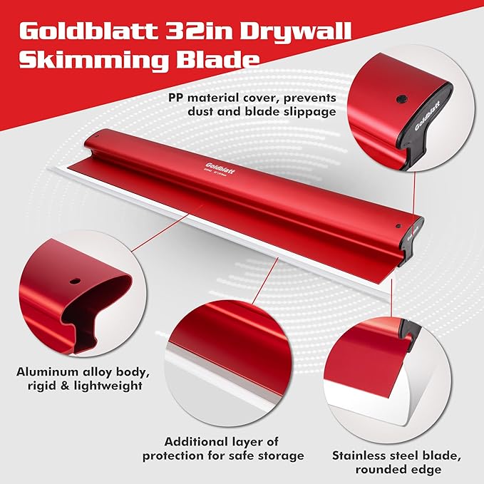 Goldblatt 32 Inch Drywall Skimming Blade, 0.3mm Stainless Steel Blade, Aluminum Body - Rigid Lightweight Drywall Knife with End Caps, Ergonomic Grip, for Mud, Repair Plaster Wall