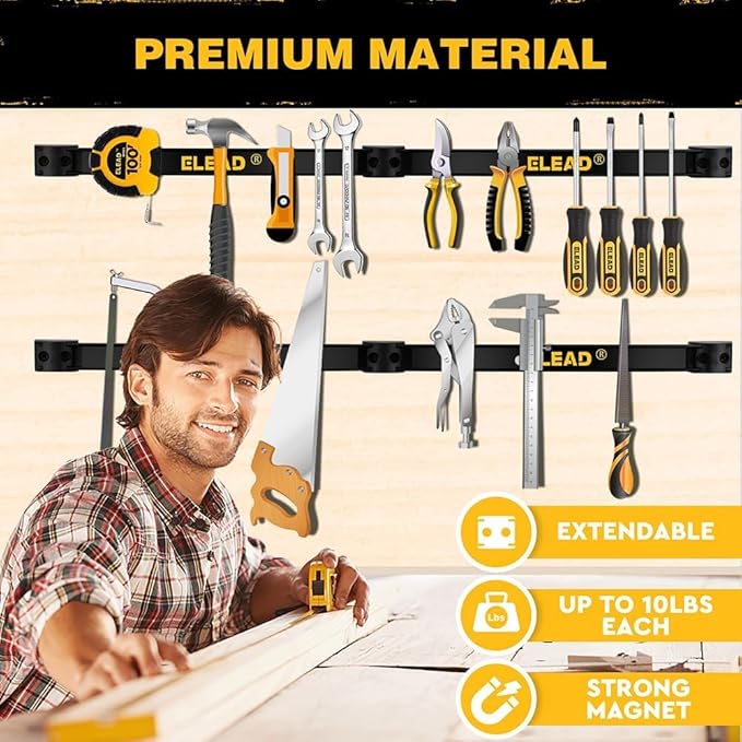 ELEAD Magnetic Storage Organizer Tool Holder - 6-Piece Wall Mount Rack Garage Organization Power Magnet Hanger Workbench Board Slatwall Van Organizers Mounted Hanging Strip