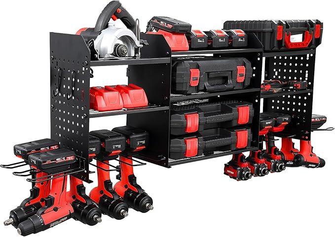 3 layers power tool organizer Loads 150lbs with 10 Cordless Drill Holder and 8 Outlet Power Strip,it’s good choice for husband birthday gift,black
