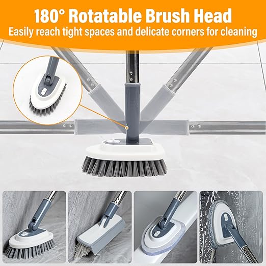 Long Handled Scrub Brush for Shower, 4 in 1 Tile Shower Cleaner Brush with Adjustable Long Handle Floor Scrub Brush for Cleaning Bathroom/Shower/Tub/Tile/Kitchen/Glass/Wall