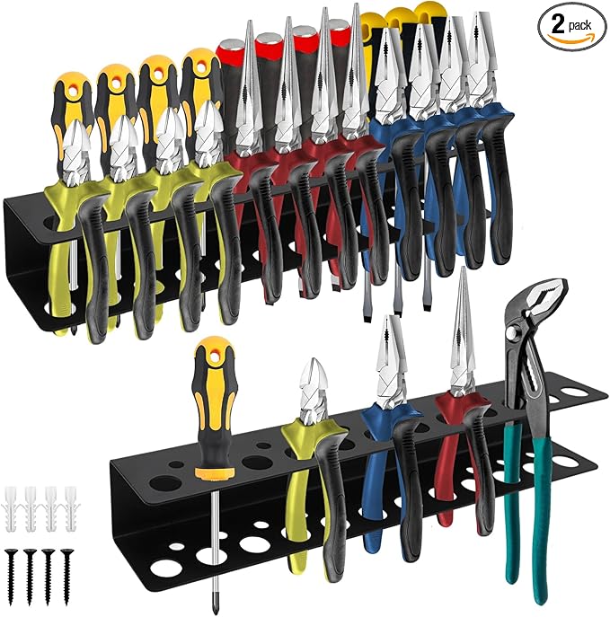 Screwdriver Organizer Wall Mount, 2 Pack Screw Driver Holder, Metal Utility Tool Rack for Screw Driver Pliers Organizers and Storage Rack for Garages Homes, Workshops, Sheds